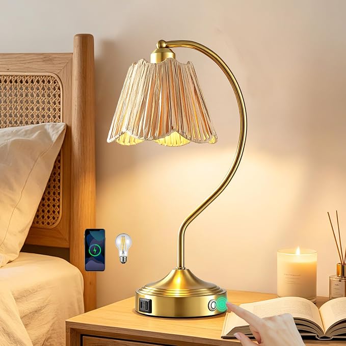 Boho Rattan Touch Small Table Lamps USB C+A Ports | Retro Rattan Shade, 3-Way Dimmable Farmhouse Lamp for Bedroom Living Room Entryway Office, LED Bulbs Included