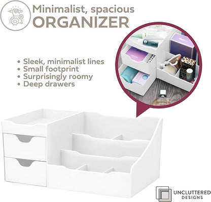 Uncluttered Designs Large Makeup Organizer for Vanity - Countertop Desk With Drawers for Cosmetic, Beauty, Hair, Nail, Perfume & Skincare - Perfect for Bathroom & Bedroom Storage (White)