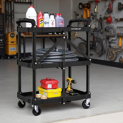 FUTURELAB Portable Folding Service Cart - 3 Tier 330LBS Capacity - Rolling Utility Foldable Cart with Wheels for Warehouse Home Workshops Garages Restaurants Offices