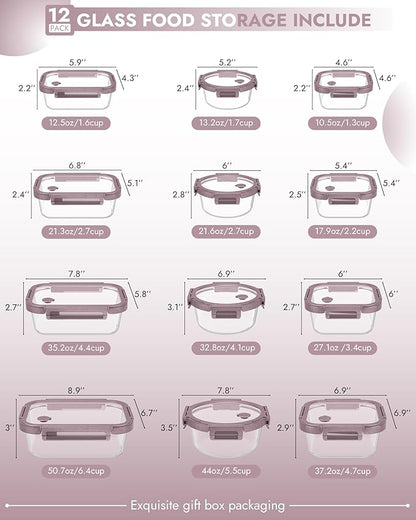 12-Pack Glass Containers with Tempered Lids – Borosilicate, Oven-Safe(-4°F~950°F), Airtight, BPA-Free, Multi-Size for Meal Prep, Dishwasher Safe (Pink)