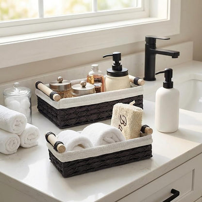 Baskets for Organizing, Set of 2 Black Paper Rope Bathroom Countertop Baskets with Liner, Woven Basket Organizer with Wooden Handles for Vanity, Counter, Shelf Storage