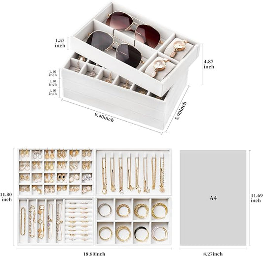 Velvet Jewelry Drawer Organizer Trays – White Stackable Jewelry Storage Inserts Set, 4-Layer Jewelry Tray Set for Earrings, Rings, Necklaces, Bracelets with Removable Dividers for Dresser & Vanity