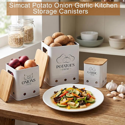 Simcat Kitchen Vegetable Storage Tins Set of 3, Potato Onion Garlic Kitchen Storage Canisters, Vegetable bin Keeper Containers with Aerating Holes and Wooden Lid (White 1)