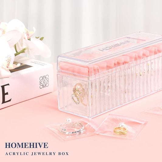 HOMEHIVE Acrylic Jewelry Box Organizer, Clear Jewelry Organizer Holder with 20 Portable Anti Tarnish Jewelry bags, Travel Jewelry Case for Earrings/Rings/Necklaces for Women Girls, Pink