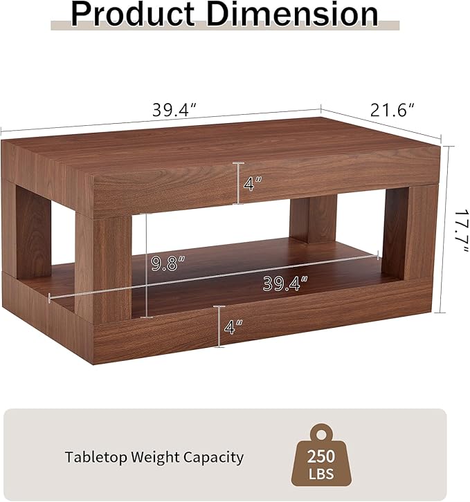 LKTART 39.37" Coffee Table with Storage, 2-Tier Mid Century Rectangular Accent Table with Thick Tabletop, Rustic Style Cocktail, Center Table for Living Room, Office, Apartment (Walnut)