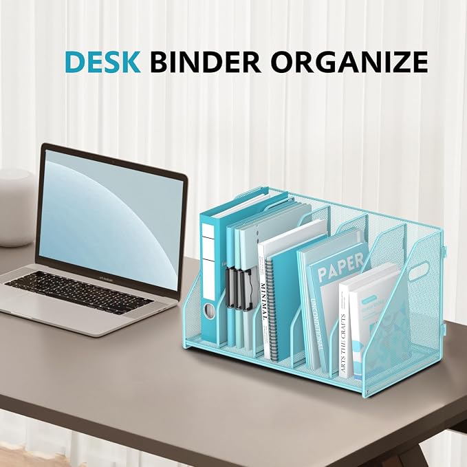 SUPEASY Binder Organizer, Magazine File Holder with 5 Vertical Compartments Rack, Metal Desk File Organizer & Binder Holders, Magazine Organizers for Office Desktop, Home, School, Classroom (Blue)