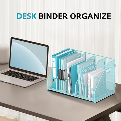 SUPEASY Binder Organizer, Magazine File Holder with 5 Vertical Compartments Rack, Metal Desk File Organizer & Binder Holders, Magazine Organizers for Office Desktop, Home, School, Classroom (Blue)