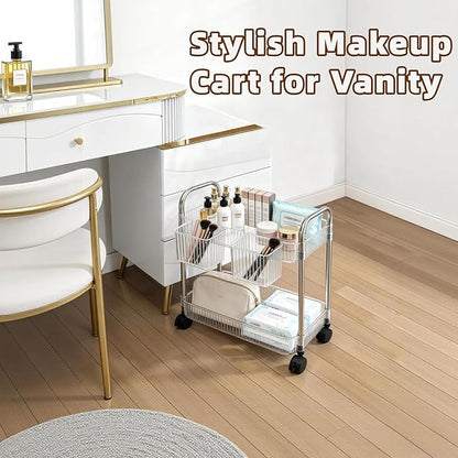 2 Tier Utility Rolling Cart with Wheels Sofa Side Table Small Under Desk Storage Organizer, Clear Acrylic Plastic Mobile Trolley Organization Storage Cart for Kitchen Pantry Bathroom Vanity