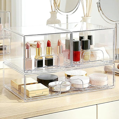 Bottle Storage Organizer Baby, Clear Stackable Storage Drawers Set for Baby Bottle, Beauty Supplies Storage, Ideal for Countertop, Vanity, Bathroom, Cabinet, Pantry Organization (7.8"H, 3 Pack)
