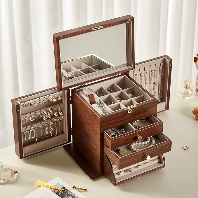 Black Walnut Wooden Jewelry Box, Wood Jewelry Organizer with 2 Side Doors Mirror Lockable Classical for Watch Necklace Ring Earring Storage Christmas Gifts-4 Layer with Curved Ring Grooves
