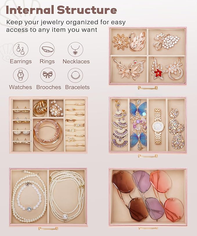Jewelry Box with 4 Drawers : Display Organizer for Earrings Necklaces - Christmas Gifts for Girls Women (Peach Pink)