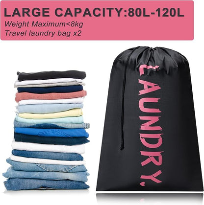 2 Pack XL Travel Laundry Bag, Machine Washable Dirty Clothes Organizer with Drawstring,Large Enough to Hold 4 Loads of Laundry, Easy Fit a Laundry Hamper or Basket Travel Essentials 24" x 36"