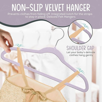50 Premium Kids Velvet Hangers - 14'' Non-Slip, Ultra-Slim & Space-Saving Hangers - 360° Swivel Hook, Strong & Durable for Children & Preteens - Purple