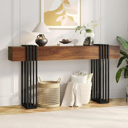 63 Inch Long Console Table, Extra Thick Industrial Sofa Table Behind The Couch Rectangular Entryway Table for Entrance Hallway Living Room, Entire top Board & 4-Pipe Legs, Rustic Brown