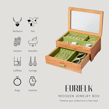 Wooden Jewelry Box, Large Size Case, Natural Solid Cherry Wood Vintage Trinket Organizer with 2-Layer Storage, Drawer, Ring Compartments, Necklace Hooks, Glass Lid, ek06-b-cherry