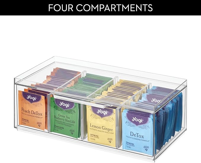 iDesign XL Tea Bag Organizer for Counter, 4-Section Clear Stackable Tea Storage Drawer for Cabinet, 2-Pack