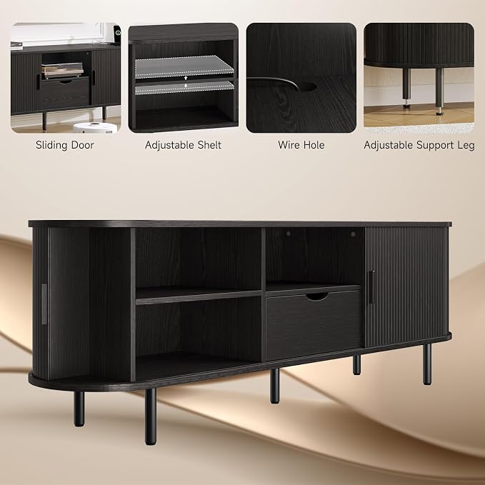 63" Mid-Century TV Stand with Power Outlet, Fluted Entertainment Center with Storage and Drawer, TV Console with Sliding Door and Adjustable Shelves, TV Stand up to 80" for Living Room, Black