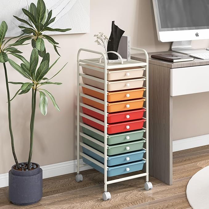 RELAX4LIFE Craft Organizers and Storage Cart - Rolling Cart with 10 Drawers, Lockable Casters for Tools, Trolley Cart with Wheels, Utility Cart for School, Home Office, Craft Cart (Macaron)
