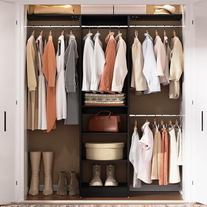 Cyclysio 4FT Small Closet System, 80"H Closet Organizer System with 4 Closets Rods & 3 Shelves, 48" Closets Organizers and Storage for Small Bedrooms, Laundry Rooms, Cloakrooms, Black