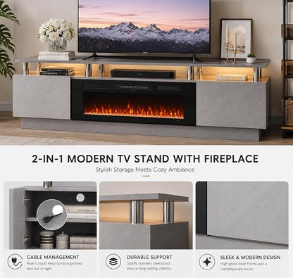 80" TV Stand & Entertainment Center, Media Console with Storage Cabinet, Fits TVs up to 90", Modern Living Room Furniture, 36" Electric Fireplace (Grey+Black)