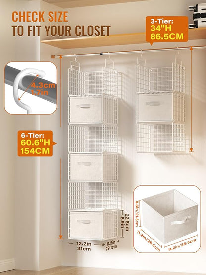 Closet Hanging Organizer with Drawers, 6 Tier Metal Closet Organizers and Storage with 4 Hanging Hooks 4 S-Hooks for Wardrobe Laundry Room, Wire Storage Shelf for Clothes Sweaters Pants (White)