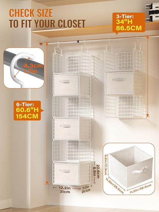Closet Hanging Organizer with Drawers, 6 Tier Metal Closet Organizers and Storage with 4 Hanging Hooks 4 S-Hooks for Wardrobe Laundry Room, Wire Storage Shelf for Clothes Sweaters Pants (White)