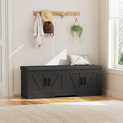 HOMSHO 2-Tier Storage Bench, 47.2" Wide Shoe Bench with Padded Seat Cushion, Entryway Bench with 4 Barn Doors and Adjustable Shelf, Black