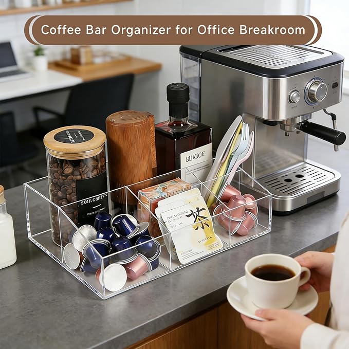 Acrylic Coffee Bar Station Organizer for Countertop Office Breakroom, Clear Tea Snack Storage Coffee Capsule Pod Holder for Kcup Condiment Sugar Creamer Syrup, Easter Gift for Coffee Lovers