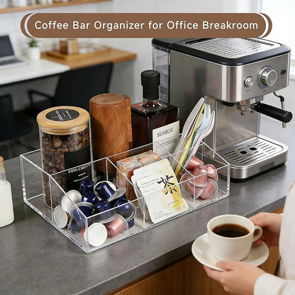Acrylic Coffee Bar Station Organizer for Countertop Office Breakroom, Clear Tea Snack Storage Coffee Capsule Pod Holder for Kcup Condiment Sugar Creamer Syrup, Easter Gift for Coffee Lovers