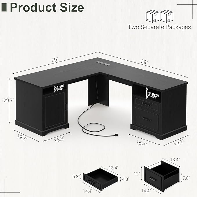 Unikito Farmhouse L Shaped Executive Desk with File Drawers, 60" Corner Computer Desk with Power Outlets, Large 2 Person Home Office Table with Storage Cabinet, Sturdy Writing Desk, Black