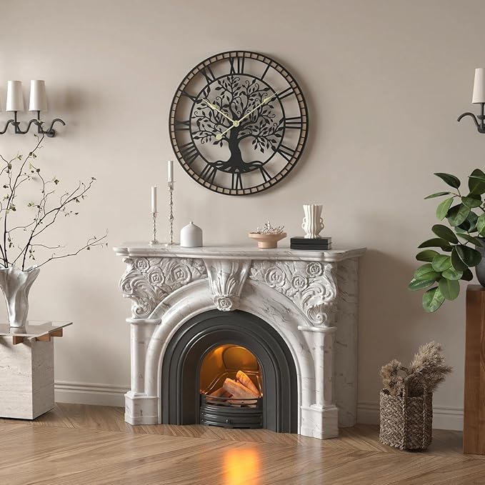 Micasso Non-Ticking Oversize Wall Clock: 32Inch Tree of Life Metal Black with Solid Wood Frame - Silent Battery Operated Clock for Living Room/Fireplace/High-Ceiling - Home Decor for Housewife
