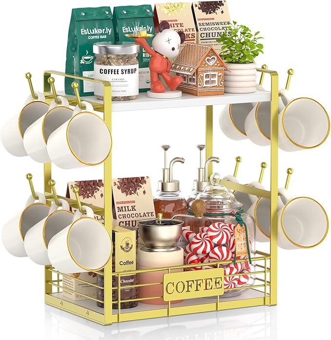 EsLuker.ly Coffee Mug Cup Holder Tree Bar Station Organizer, 2 Tier Mug Stand Rack for Countertop Kitchen, Storage Tower Display Shelf with 12 Hooks, Coffee Nook Enhancer, White-Gold