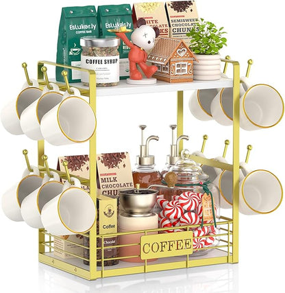 EsLuker.ly Coffee Mug Cup Holder Tree Bar Station Organizer, 2 Tier Mug Stand Rack for Countertop Kitchen, Storage Tower Display Shelf with 12 Hooks, Coffee Nook Enhancer, White-Gold