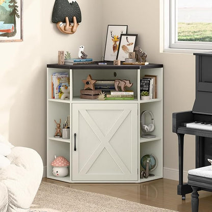 Vabches Corner Cabinet, Corner Storage Shelf with USB Ports and Outlets Industrial Organizer for Small Space Wooden 6-Cubby Bookshelf for Study, Playroom, Living Room (Rustic White and Black)
