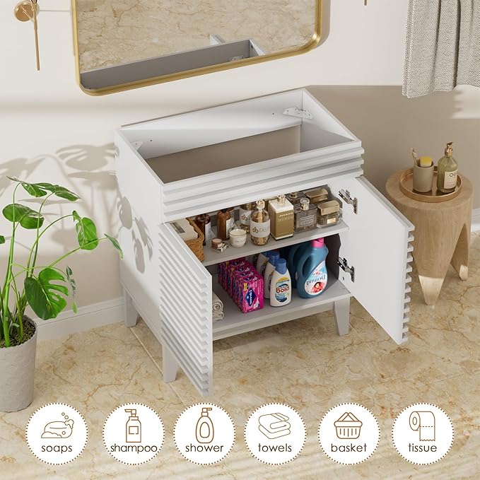 ROOMTEC 30" Bathroom Vanity, Mid-Century Freestanding Bathroom Cabinet Vanity with Storage, Particleboard Frame with Wood Grain Laminate, White(Sink Basin Not Included)