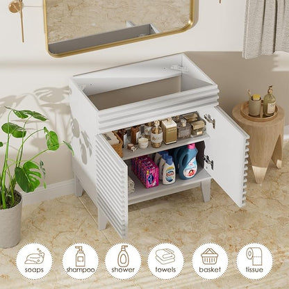 ROOMTEC 30" Bathroom Vanity, Mid-Century Freestanding Bathroom Cabinet Vanity with Storage, Particleboard Frame with Wood Grain Laminate, White(Sink Basin Not Included)