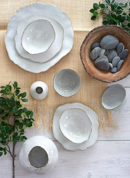 Serene Spaces Living Small Free-Form Edge Glazed Ceramic Bowl, Centerpiece for Vintage Weddings, Events, Measures 6" Long, 5.5" Wide, 2.75" Tall