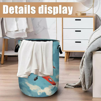 Vintage Airplane Laundry Basket, Foldable Laundry Hamper Tote Bag Dirty Clothes Storage Bucket Toy Organizer for Bathroom/Laundry/Bedroom 15.7"x19.6"