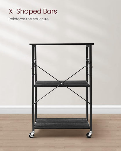 VASAGLE Kitchen Shelf on Wheels, 23.6 Inches Serving Cart with 3 Shelves, Kitchen Cart, Microwave Shelf, for Mini Oven, Toaster, with 6 Hooks, Industrial Style, Ebony Black and Ink Black UKKS060B42