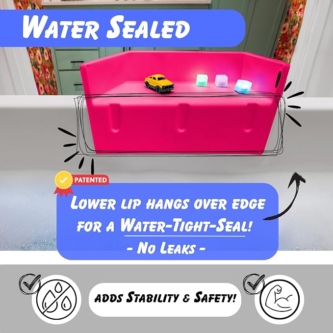 Tub Topper® Mini Bathtub Splash Guard for Kids - Compact Bath Splash Guard & Tub Play Shelf - Easy to Remove, Store & Clean - Patented Lip Design, Non-Silicone, BPA-Free, Made in USA (Pink)