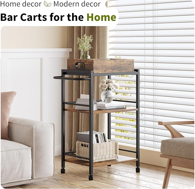VonDream 3-Tier Bar Cart for The Home, Rolling Cart with Wheels and Handle, 3-Tier Serving Cart with Removable Tray, Kitchen Carts on Wheels with Storage