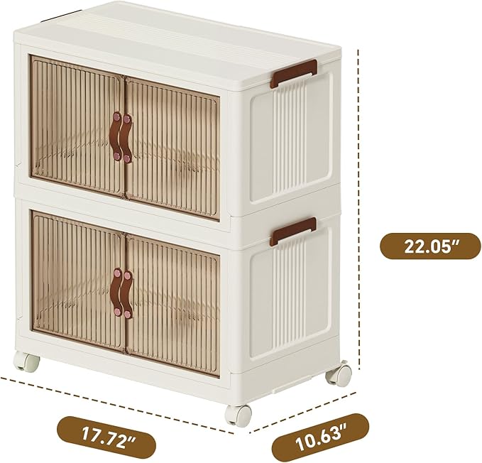 35 QT Large Plastic Storage Bins with Lids Open Front, Stackable Storage Containers with Wheels for Clothes, Home, Room, White, 2 Tiers