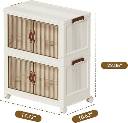 35 QT Large Plastic Storage Bins with Lids Open Front, Stackable Storage Containers with Wheels for Clothes, Home, Room, White, 2 Tiers