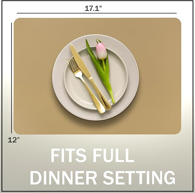 More Décor Faux Leather Placemats Set of 6 for Dining Table – Waterproof, Wipeable, Washable, Stain & Heat Resistant, Non-Slip Table Mats – 12 X 17 Inch, (Solid Beige 6)