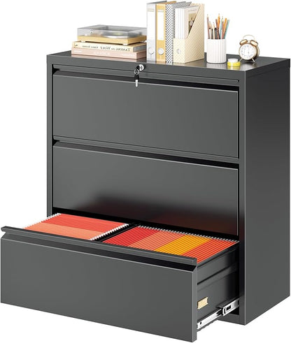 Superday Lateral File Cabinet 3 Drawer Metal File Cabinet with Lock, Black Filing Cabinets for Home Office, Locking Filing Cabinets Hanging Files Letter/Legal/F4/A4