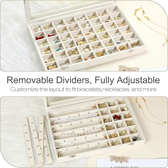 48 Grid Velvet Stud Earring Organizer Storage Tray, Adjustable Earring Holder Organizer with Clear Lid, Jewelry Display Box for Earrings, Rings, Necklaces and Studs, Gift for Women and Girls