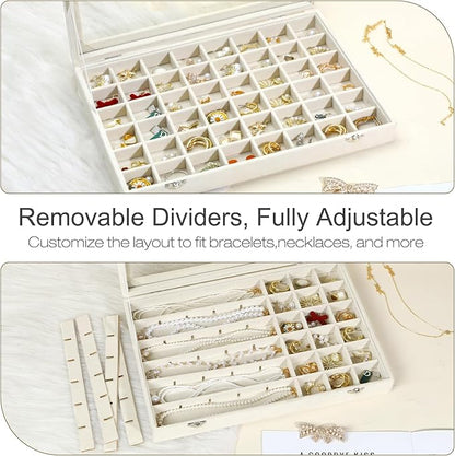 48 Grid Velvet Stud Earring Organizer Storage Tray, Adjustable Earring Holder Organizer with Clear Lid, Jewelry Display Box for Earrings, Rings, Necklaces and Studs, Gift for Women and Girls