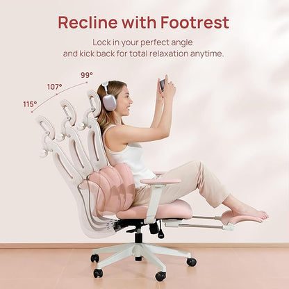 CabLady S1 Petite Ergonomic Office Chair Design with Detachable Pillow Lumbar Cushion, Coat Hanger, 2D Headrest & PU Armrests, Cloud Seat & Footrest Cute Desk Chair for Women Girls