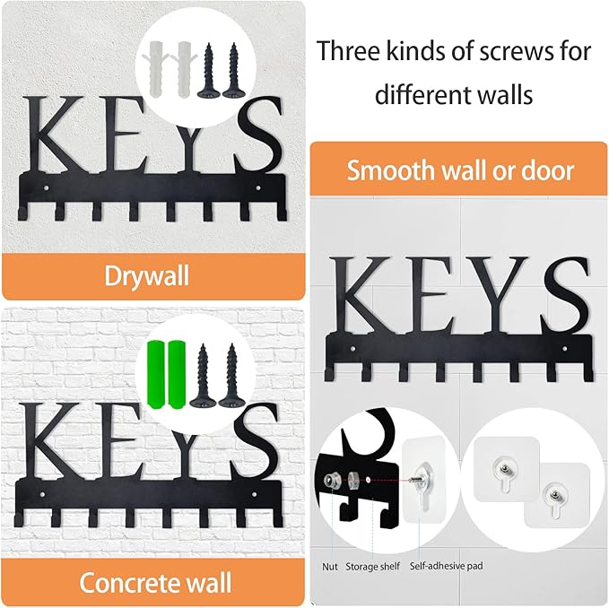 HappyHapi Key Holder Wall Mount, Metal Key Holder for Wall Decorative with 8 Key Hooks, Key Organizer Rack Hanger for Home, Entryway, Front Door, Hallway, Office, Matte Black, 11.4''4.9''0.6''