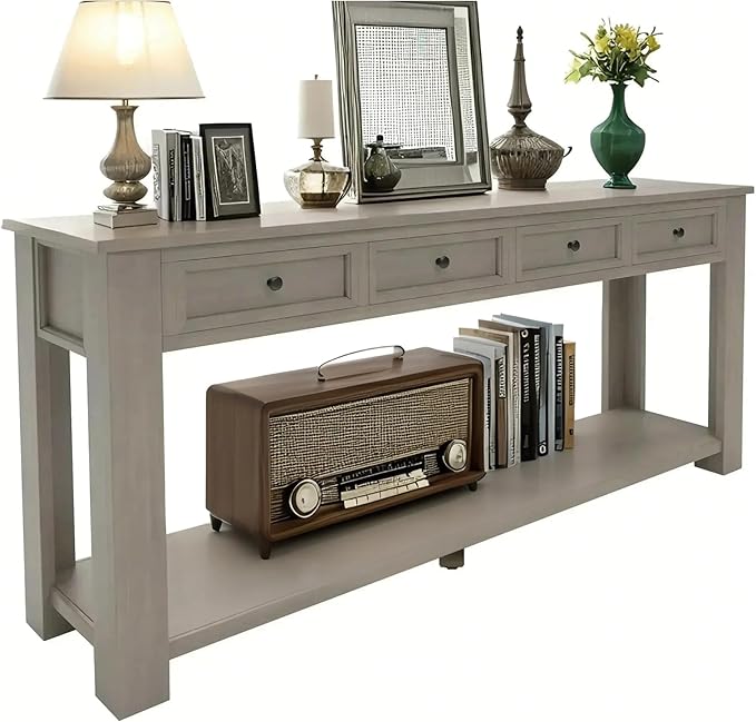 LKTART Solid Wood Console Table,Long Sofa Table Entryway Table with 4 Drawers and Bottom Shelf for Hallway Living Room Couch Table,Easy Assembled (63" Gray Wash)